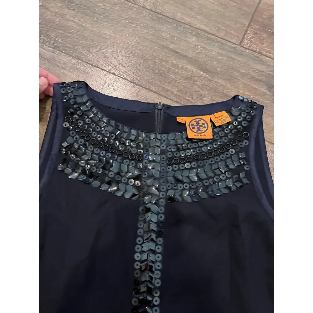 Tory Burch Navy Blue Silk Sleeveless Blouse Sequin Crystal Embellished Top